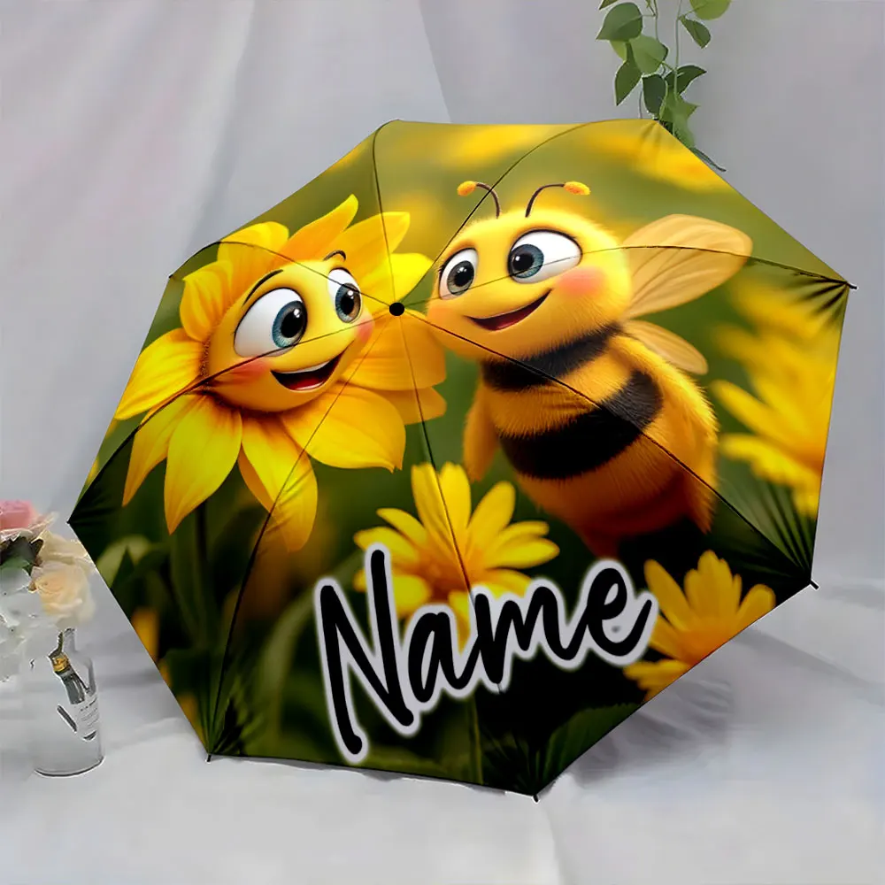 Custom Name  Cheerful bee and sunflower design umbrella Print 8 Iron Ribs Folding Umbrella Auto-Open Fashion Sunshade