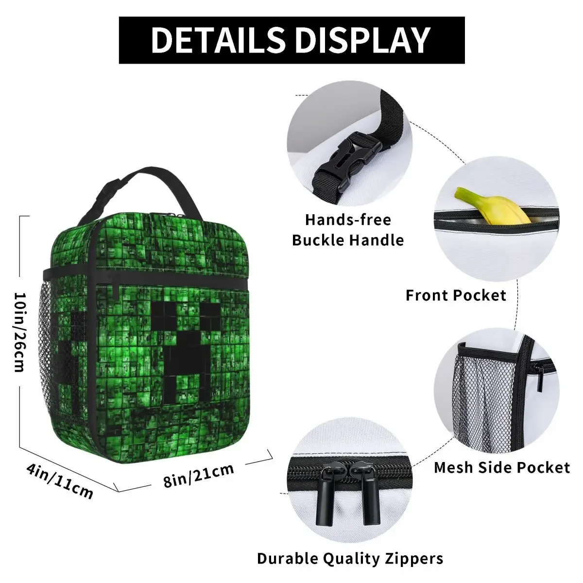 custom made Pixel Art Insulated Lunch Bag Creeper Backgrounds Picnic Lunch Box For Kids Fashion Tote Handbags Waterproof Portabl