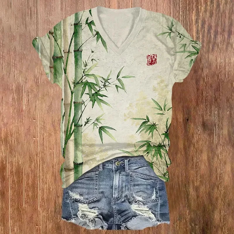 Vintage Butterfly Flowers And Bamboo Paintings Pattern Print Short Sleeved V-neck T-shirt Summer Women's T Shirts