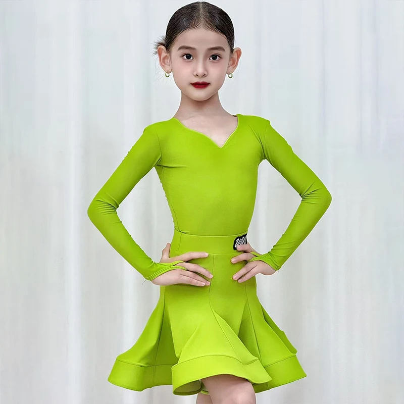 Traje profissional de dança de salão de mangas compridas para crianças meninas padrão nacional vestido de dança latina roupas de palco sl14030