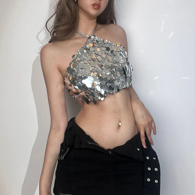 

Sexy Spice Girl Vest Sequined Design Sense Hanging Neck Slim Top 2025 Spring and Summer Fashion Street Style Women's Clothing