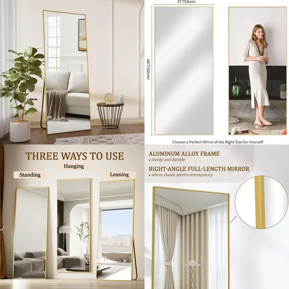 Ganzkörperspiegel mit Aluminiumrahmen und Ständer, 64 x 21, lehnend oder hängend, Ganzkörperspiegel für den Heimgebrauch