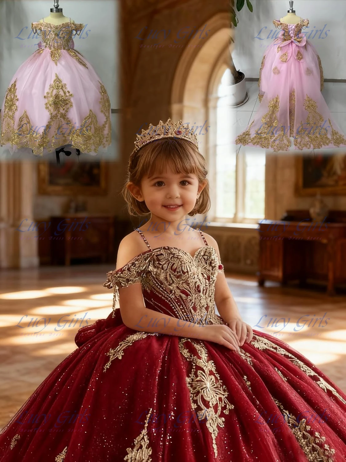 Elegant Red Flower Girl Dress Gold Applique for Wedding Crystal Girls Pageant Dress with Long Bow Off Shoulder Ball Gown Dress