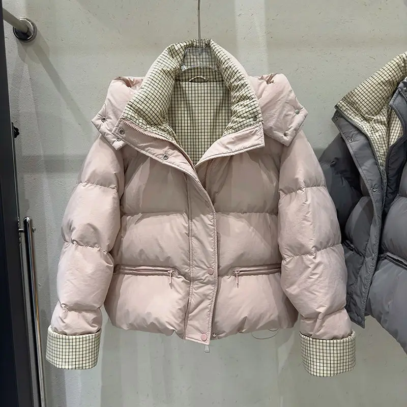 Winter New Women's Down Jacket Commuter Splicing Checkered Hoodie Jacket