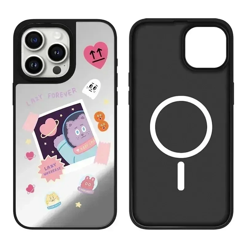 Cute Spaceship iPhone 11 12 13 14 15 Pro Max Mirror Surface MagSafe Case Cover Shell