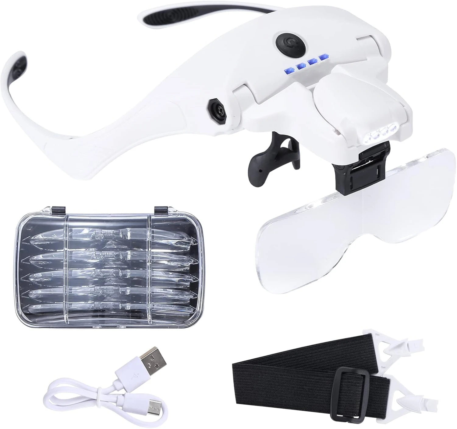 Rechargeable Hands Free Lighted Head Magnifier with 5 Detachable Lenses 1X, 1.5X, 2X, 2.5X 3.5X for Crafts, Cross Stitch, Hobby