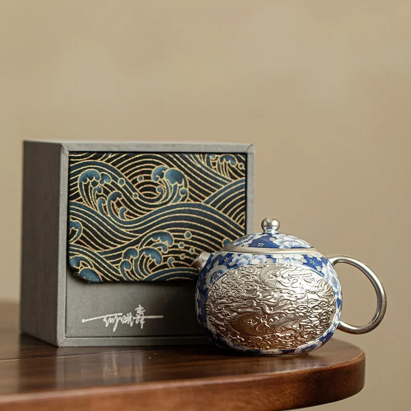 

230ml Master He Fusen Hand Made Silver Gilded Dragon And Phoenix XiShi Tea Pot Silvering Tea Set Blue&White KungFu Tea Set