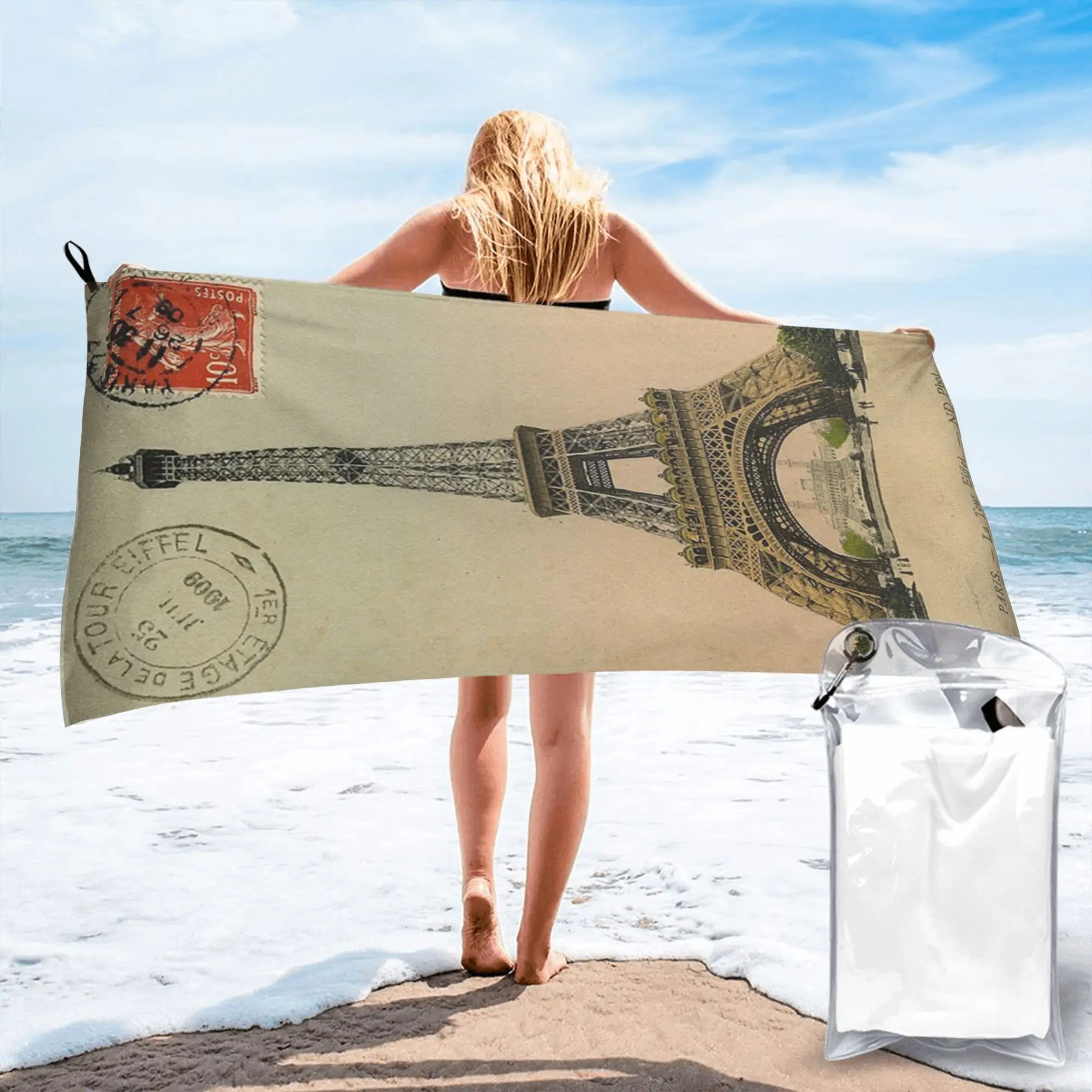 Eiffel Tower Vintage French Postcard Beach Towel Soft Microfiber Quick Dry Absorbent Quick Towels For Pool