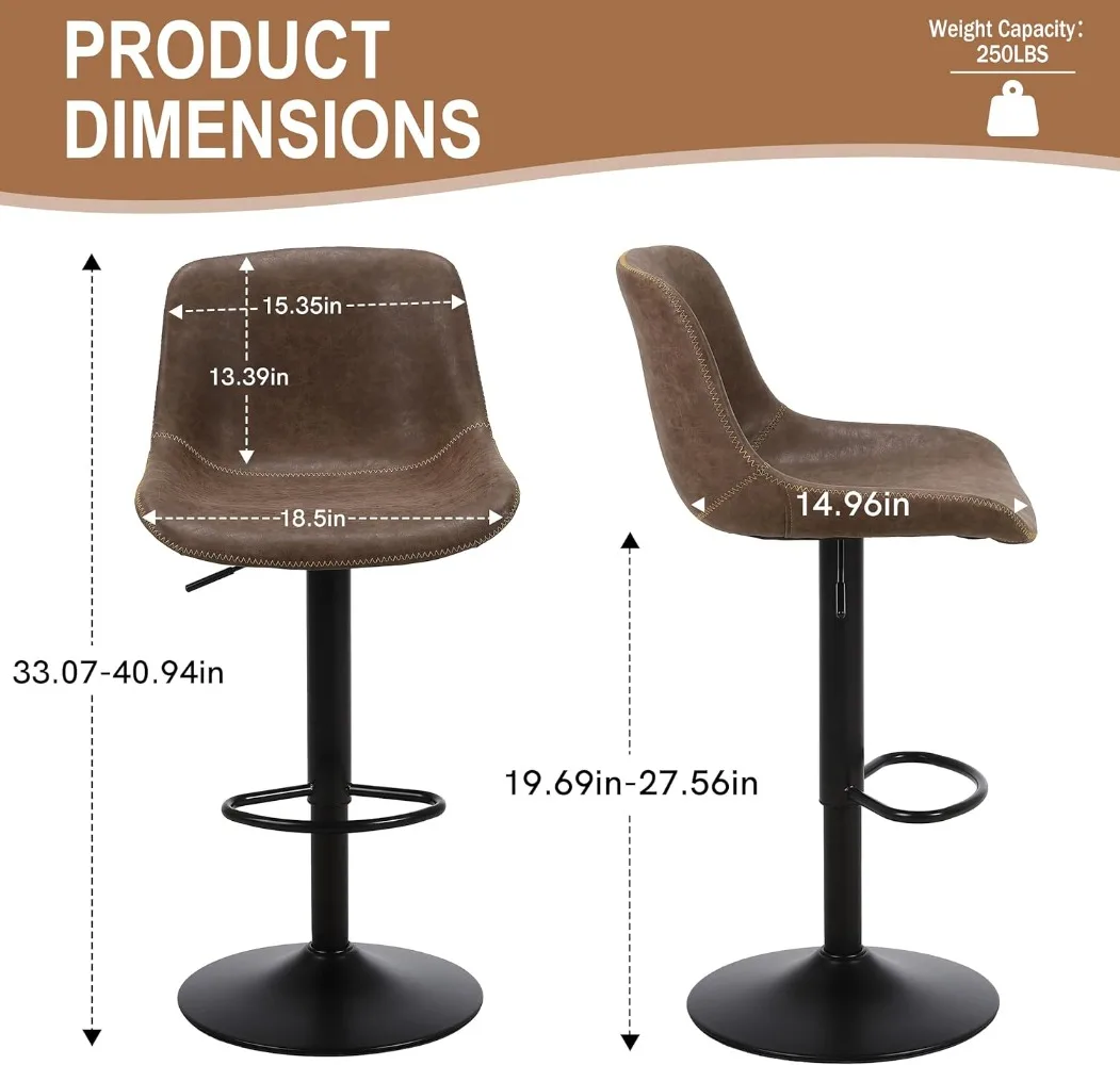 Bar Stools Set of 2, Swivel Counter Height Barstools with Back, Adjustable Modern Bar Chairs, Tall Armless PU Leather , Brown