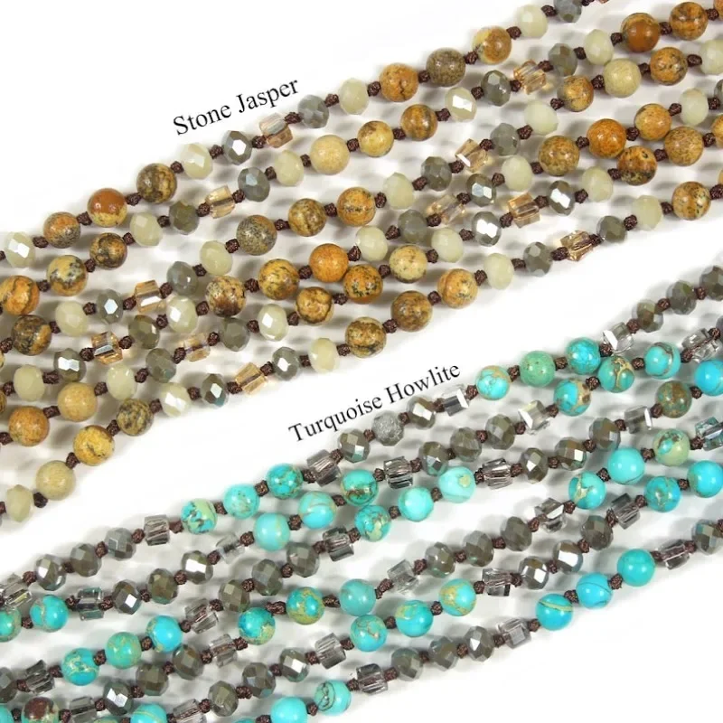 

10pcs Knotted Natural Stone Jasper Turquoise Howlite Crystal Bead Long Layered Necklace Boho Women Y2k Jewelry