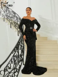 Missord Elegant Black Sequin Evening Dress Women Off Shoulder Long Sleeve Belt Bodycon Maxi Mermaid Party Prom Dresses Gown