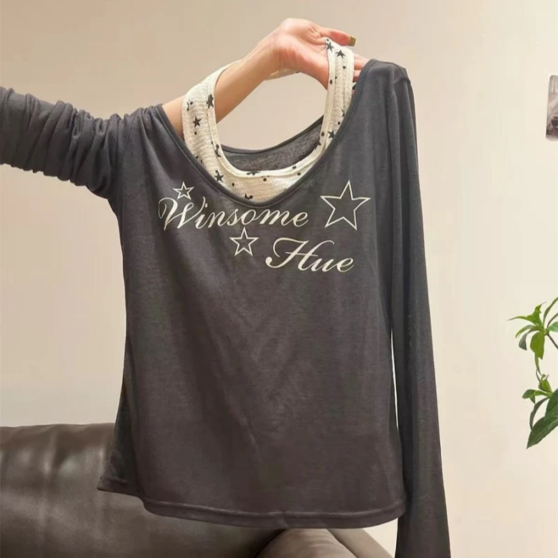 Autumn New Women 2-Piece Outfit, Halter Tank Top + V Neck Long Sleeve Tee, Loose Slimming Layered Casual Tops