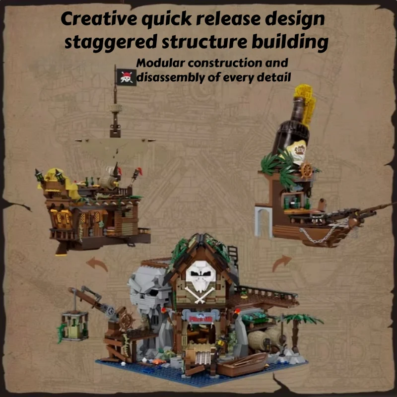 Nowy Zestaw Klocków Piracki Bar Budynok Przygoda Drewniany Dom Duży Model Zabawka do Składania Kolekcja Dekoracja na Biurko Prezent dla Chłopca