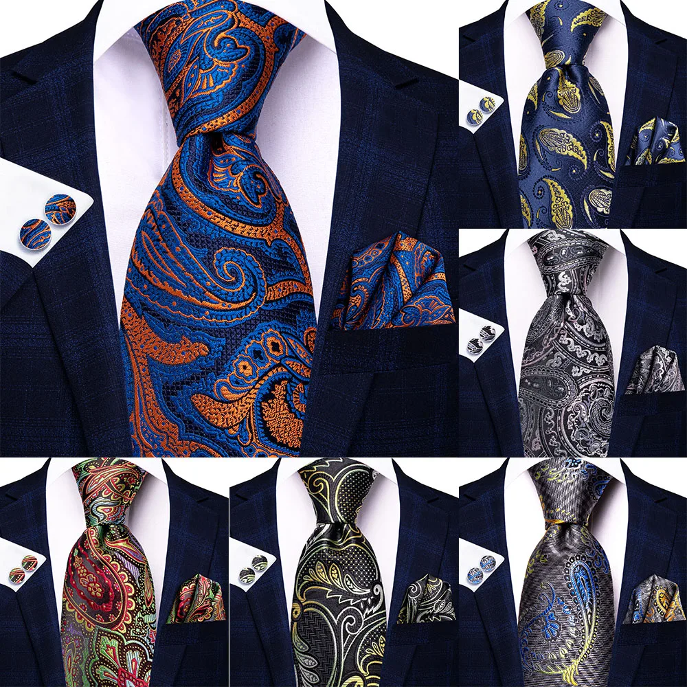 

Hi-Tie Orange Blue Paisley Men's Ties Hanky Cufflinks Set Silk Necktie For Men Wedding Party Business 2022 New Fashion Brand