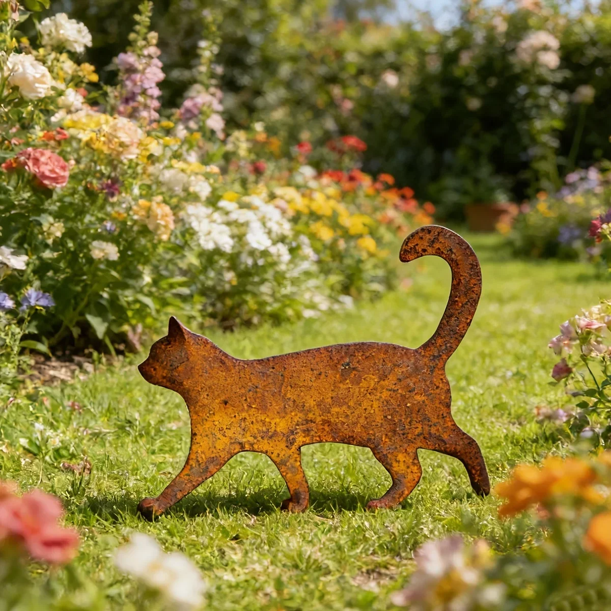 [2D Flat] Natural Rust Cat Iron Garden Stake Ground Spike Gift Thanksgiving Mother Day Gardeners Lawn Landscape Ornaments