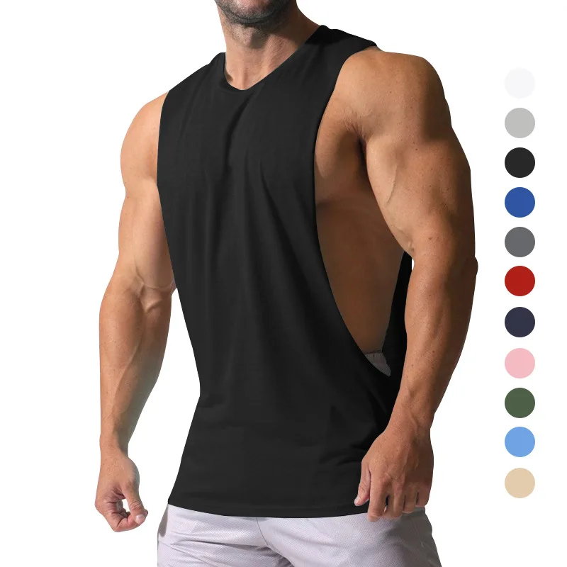 Summer Men's Wide Shoulder Vest Solid Color Sports Side Large Split Loose Vest Sleeveless Vest