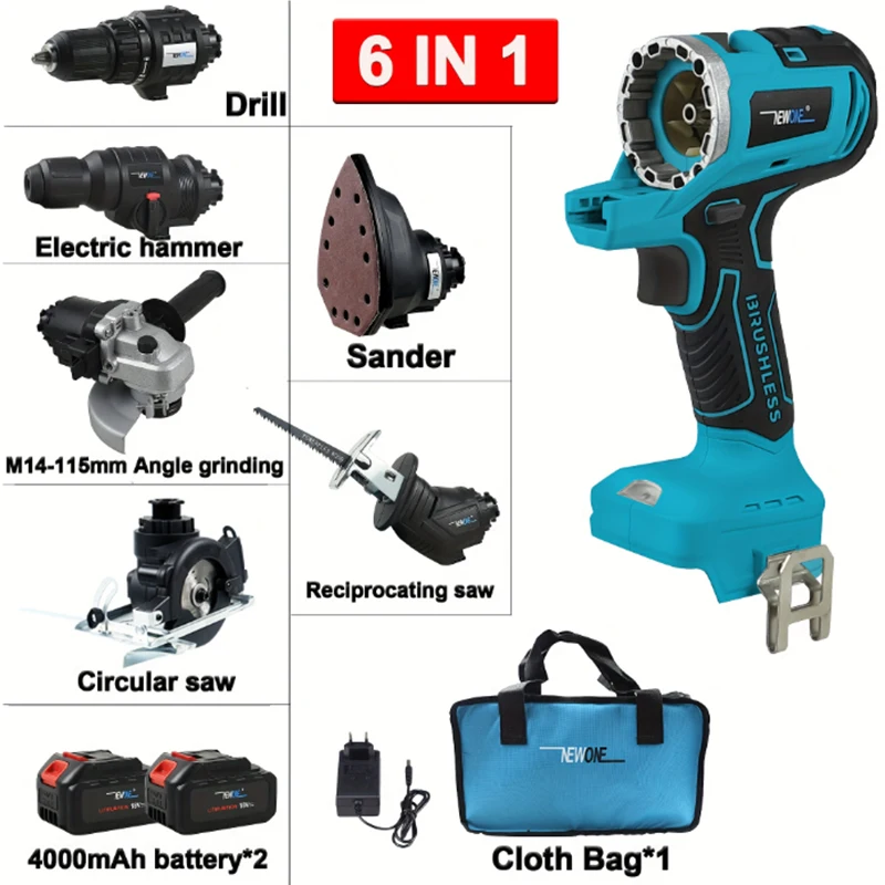 Ensemble d'outils électriques multifonctionnels 6 en 1 sans balais, accessoires : perceuse électrique, marteau électrique, etc., différentes combinaisons