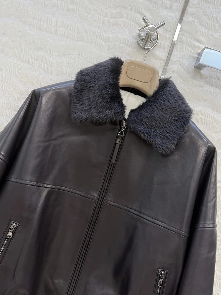 SVORYXIU Autunno Inverno Nuovo stile Retro Tasca con cerniera Colletto ribaltabile Giacca in pelle di montone Giacca in pelle nera moda donna