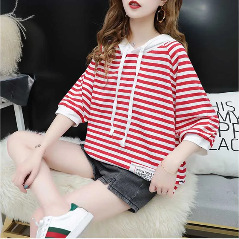 Fashion Printed Spliced Striped Lace Up Hoodies Sweatshirts Female Clothing 2024 Summer New Loose Korean Tops Casual Sweatshirts