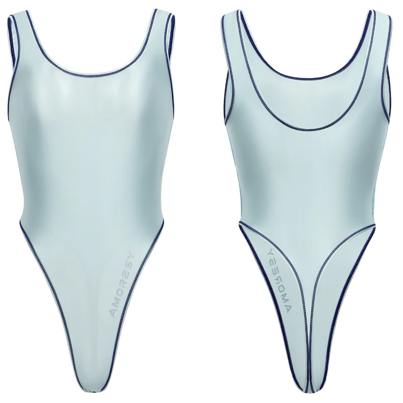 AMORESY Tempest Series Women's High Leg Thong Competitive Swimwear Sheer Oiled Gloss Tight Spandex Bodysuit