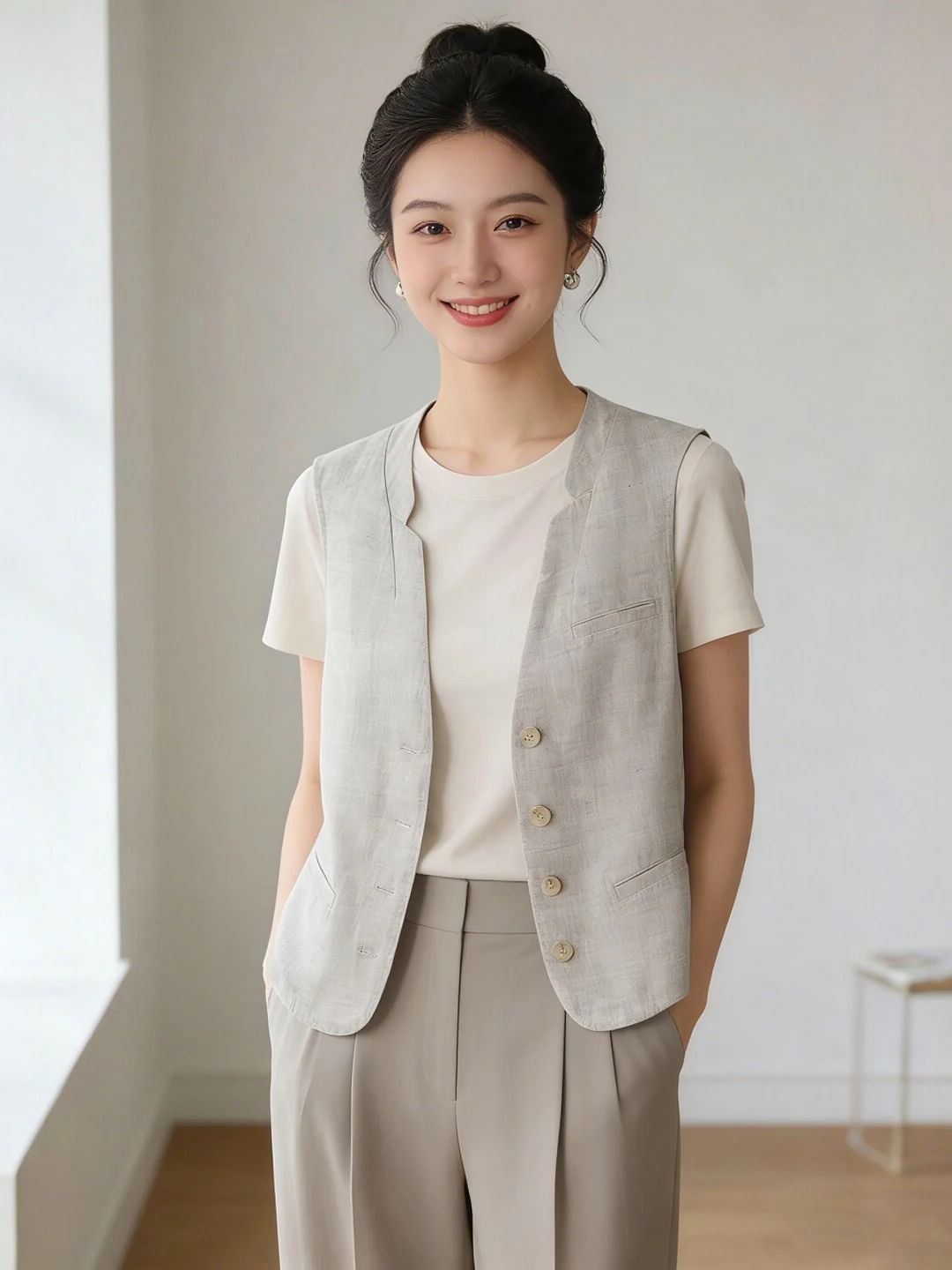 

High-End V-Neck Suit Jacket Vest Casual Sleeveless Slimming Korean Japanese Style Large Size Simple Breathable Summer Top