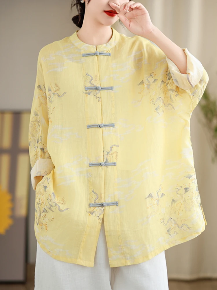 

Chinese Style Buckle Buttons Cotton Linen Tops Shirts Women Summer Lightweight Shirts Long Sleeve Loose Casual Cardigans 2025