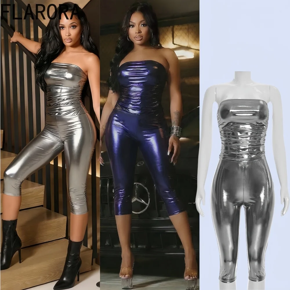 

FLARORA Hottie Hot Stamping 2 Piece Sets Woman Sexy Sleeveless Ruched Crop Tank Tops+Skinny Capri Pants Outfits Party Clubwear