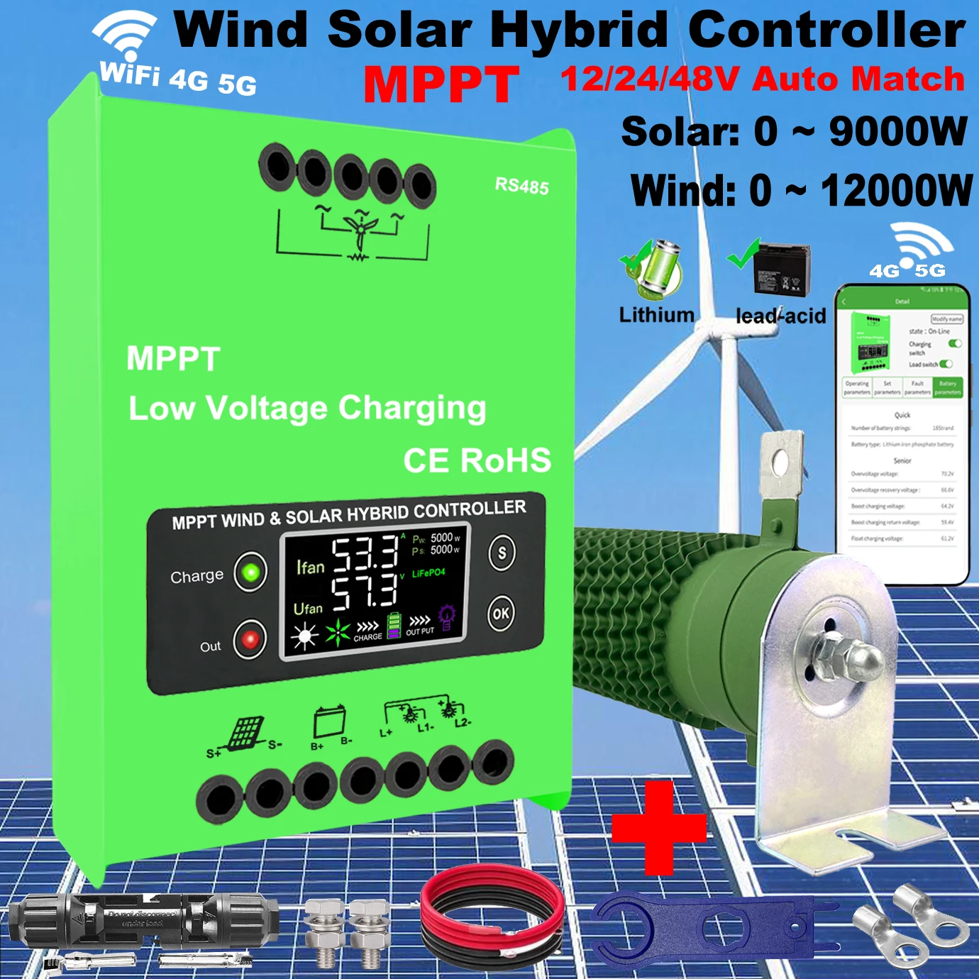 BIG POWER 12V 24V 48V 4000W MPPT Hybird Wind Solar Charge Controller WIFI Wind Generator Regulator For Lifepo4 Lithium Lead Acid