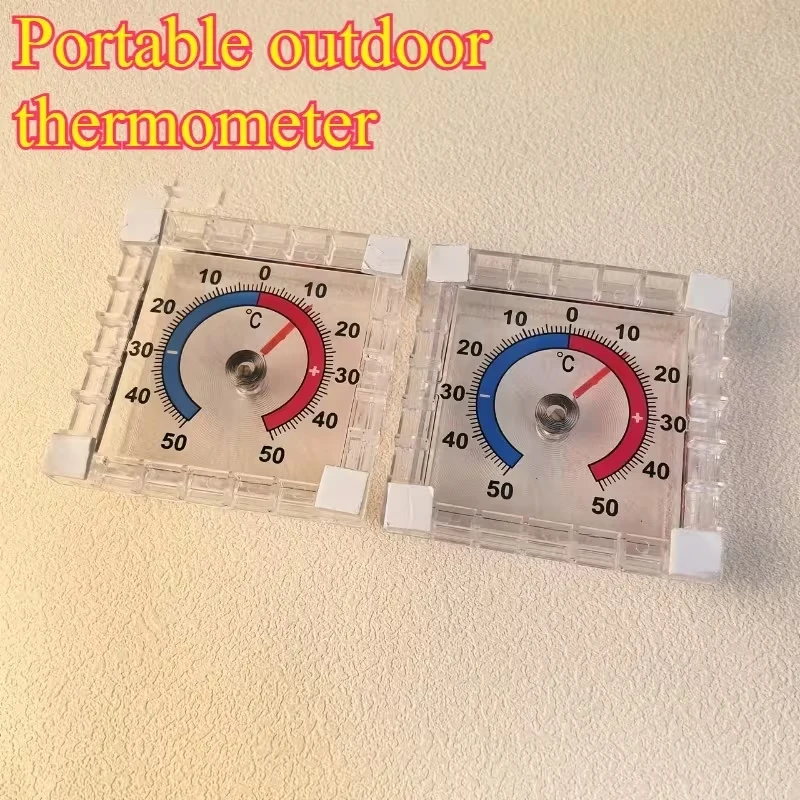 Dial-style window thermometer: a square plastic thermometer with a pointer display for measuring outdoor temperatures.