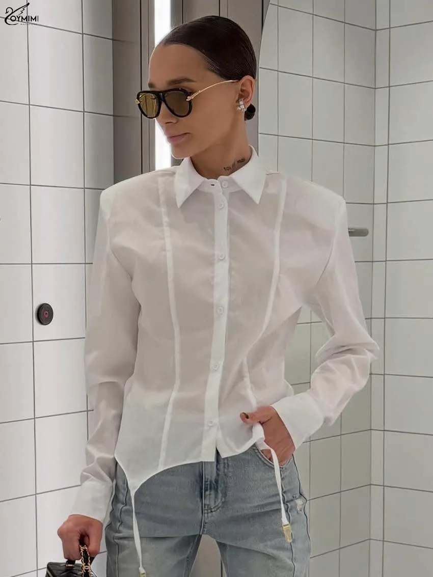 Oymimi Fashion White Lace-Up Women's Shirt Elegant Turn-Down Collar Long Sleeve Shirts Casual Translucent Slim Female Shirts