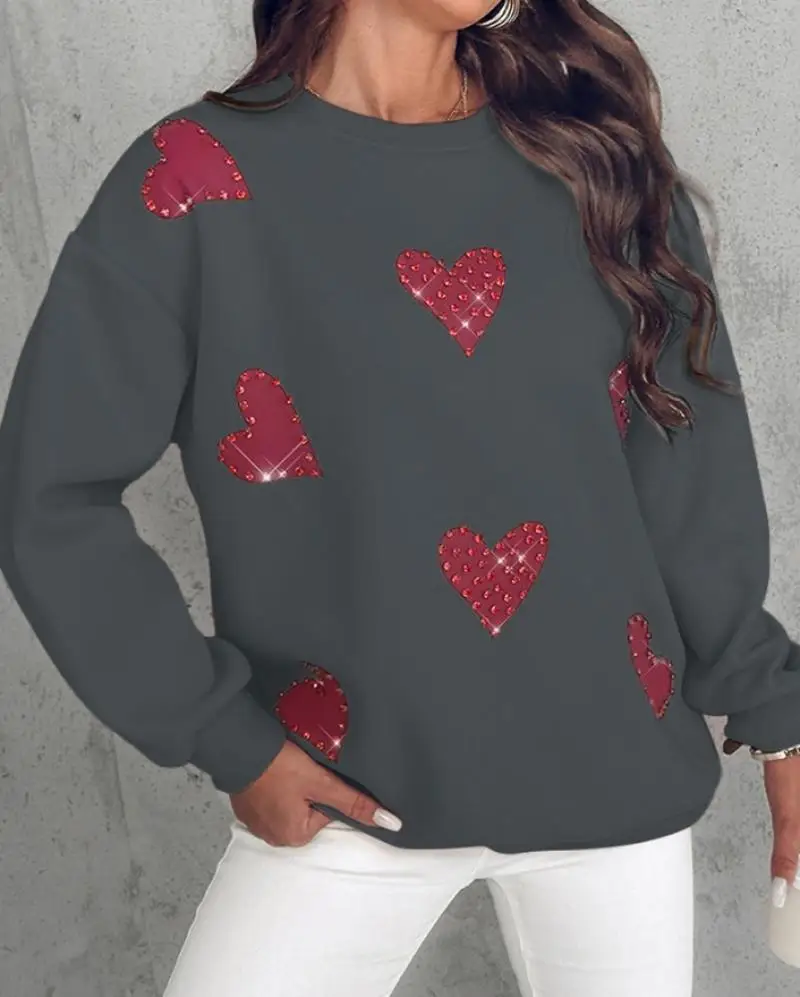 Elegant Women\'s Hoodie Autumn New Casual O-Neck Fashion Simple Pullover Heart-Shaped Rhinestone Print Long Sleeved Sweatshirt