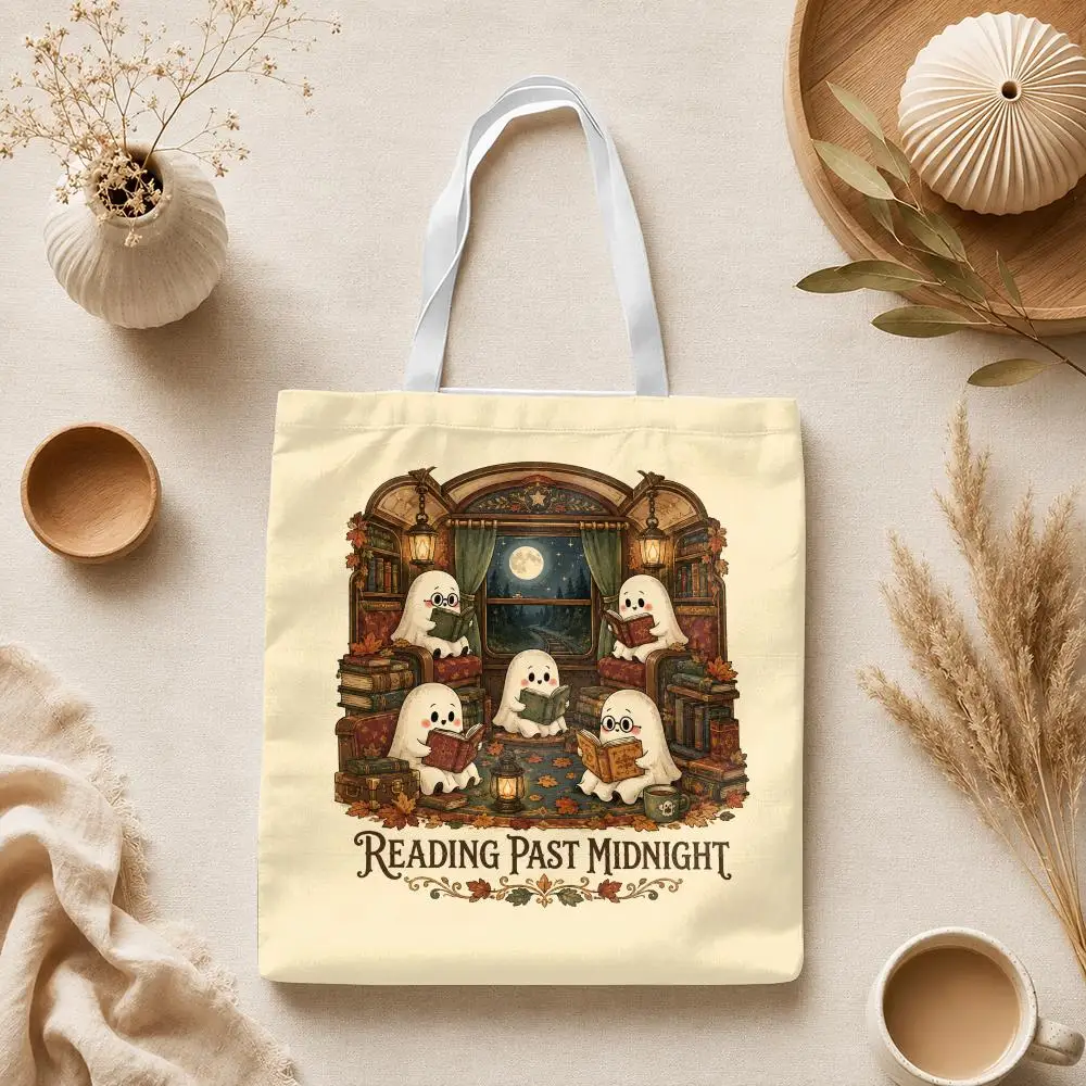 Cozy Ghost Readers Storage Bags Canvas Tote Bag Large Capacity Shoulder Bag Eco-Friendly Reusable Casual Handbag