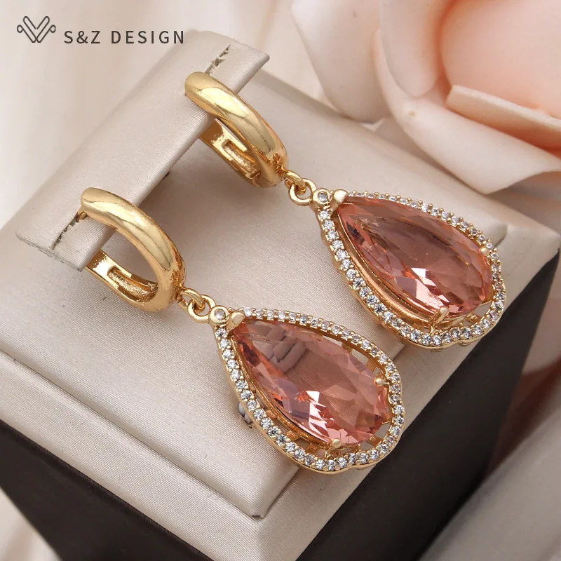 

S&Z DESIGN New Fashion Water Drop Champagne Cubic Zirconia Dangle Earrings For Women Girls Wedding Party Jewelry Elegant Gift