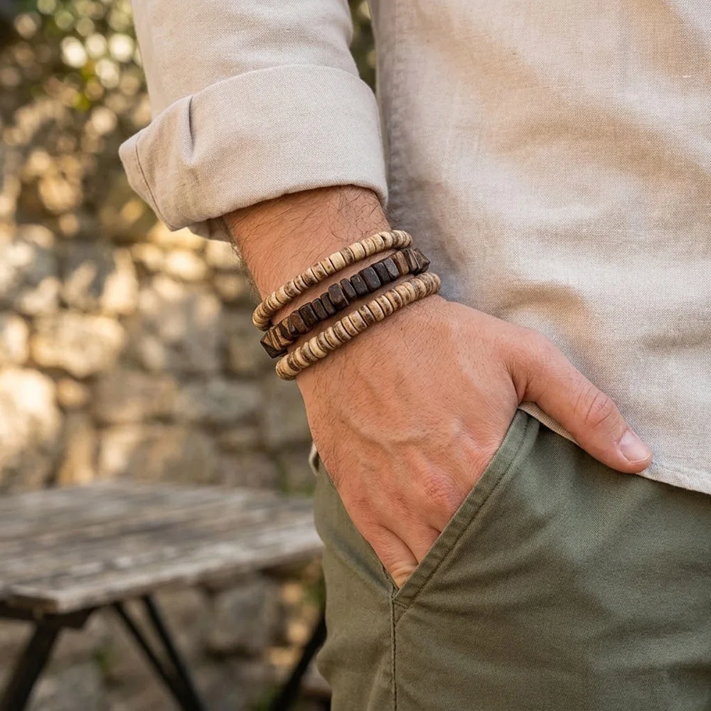 3Pcs/Set Natural Coconut Wood Bead Bracelet Men Vintage Ethnic Beaded Bracelet Jewelry Gift
