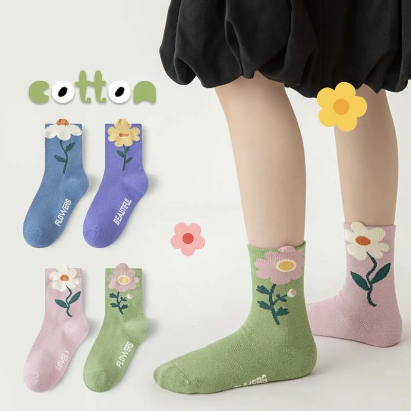 Bellbell Autumn Winter Children Girls Socks 3-12Yrs Kids Girls Floral Print Mid Tube Socks Sweet Toddler Little Girls Soft Socks