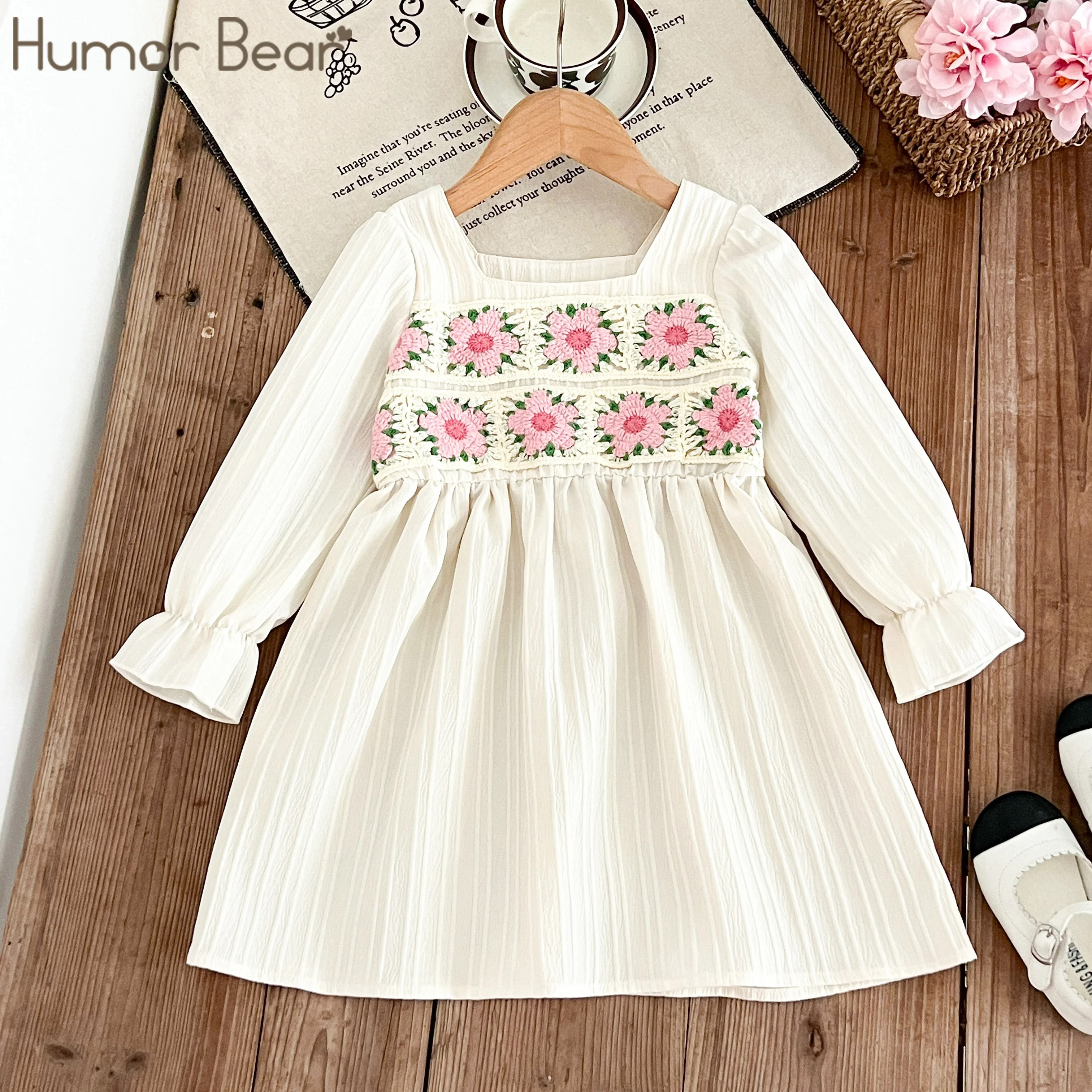 Humor Bear Korean Style Girls Dress Embroidery Long Sleeves Check Dress for Kids Girl Casual Outdoor Dress