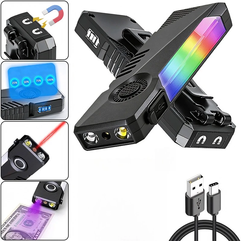 

EDC Flashlight Rechargeable Clip Mini Torch with RGB Sidelight UV & Red Flash Warning Light for Home Maintenance Outdoor Gear