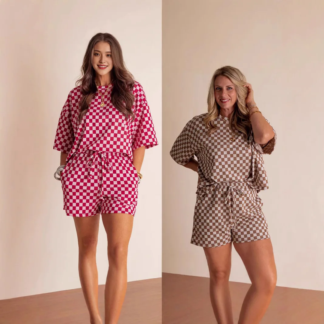 

New style comfortable loose casual suit for women European and American fashion plaid short-sleeved tops and shorts twopiece set