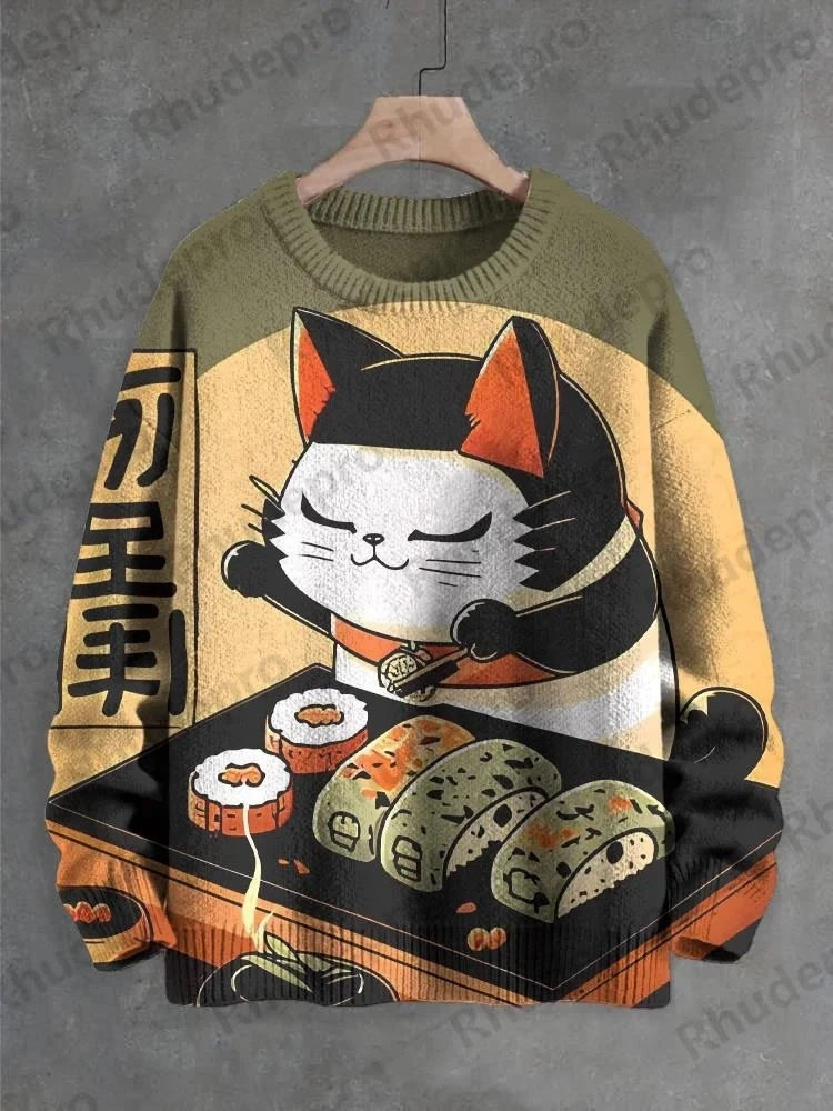 Men's Sakura Black Cat Sushi Tea Art Print Knit Pullover Sweatshirt Unisex Comfortable Soft Hairband Included