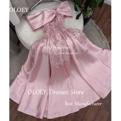 OLOEY Modest Pink A Line Arabic Evening Dress Beads Appliques Off Shoulder Floor Length Wedding Party Gown Zipper Custom Gown