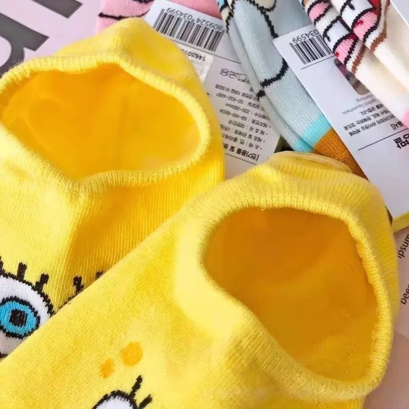 Unisex Atmungsaktive Baumwollsocken Lustige Gelbe Quadratische Schwammförmige Socken mit Cartoon-Anime-Charakteren Niedliche Unsichtbare Knöchelsocken – Detail 4