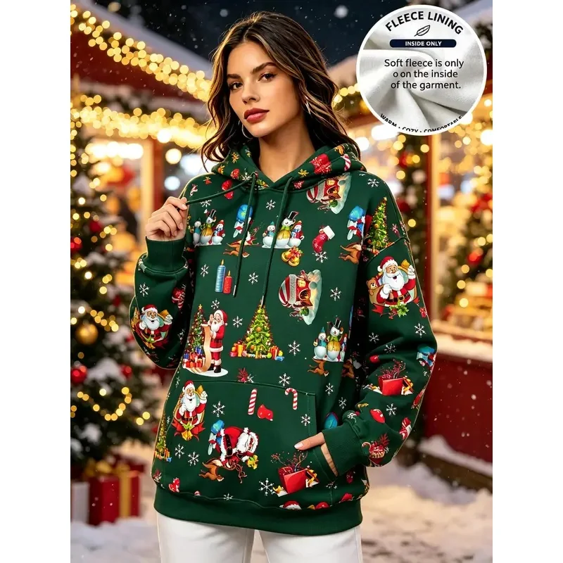 Christmas-themed women's fleece hoodie with a Christmas tree design featuring pocketsandsuitable for casualand versatile outfits