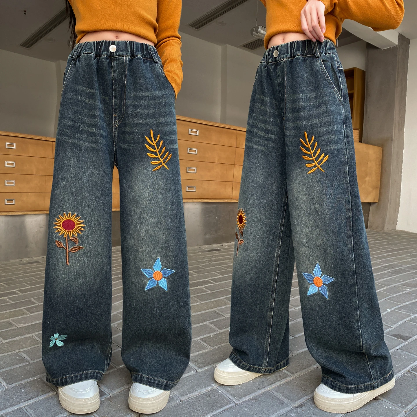 

Kids New Designer Gothic y2k Retro Fashion Flower Embroidered Jeans for Girls Denim Pants High Waist Children Jeans Trousers
