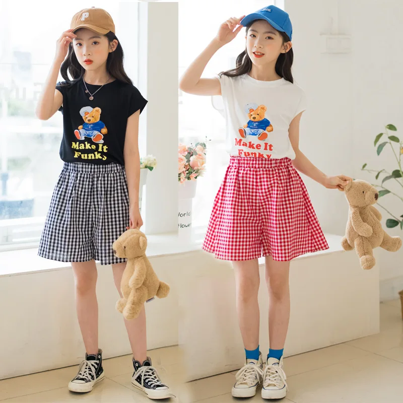 

Korean Summer Junior Girl 2PCS Clothes Set Elementary Girl Cartoon Bear Sleeveless Top+checkered Shorts Set For Girls 4-12Yrs