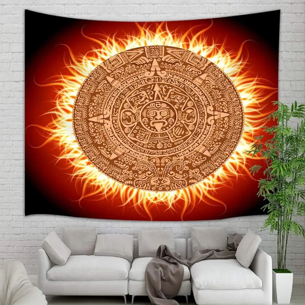 Fiery Mayan Sun Calendar Art Wall Art 2D Printing Cloth Mystical Design Zen Aesthetic Bohemian Style Cultural Symbol Home