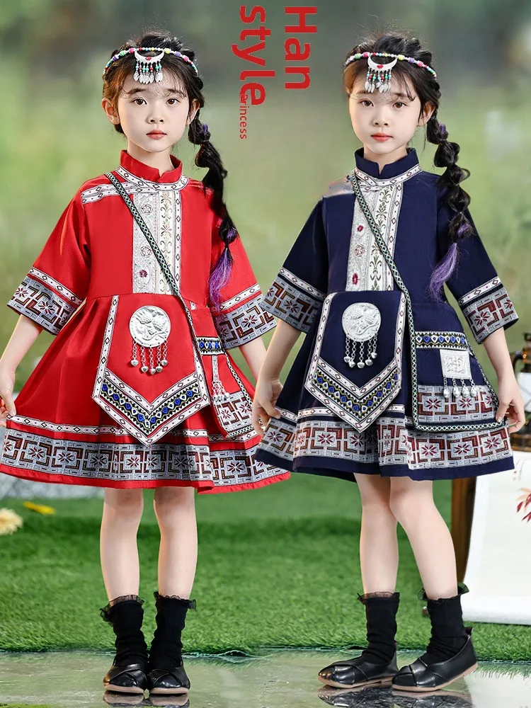 

Новая детская одежда для этнических меньшинств: праздничный костюм для девочек-малышей в стиле Чжуан, Хани, Яо, из полиэстера