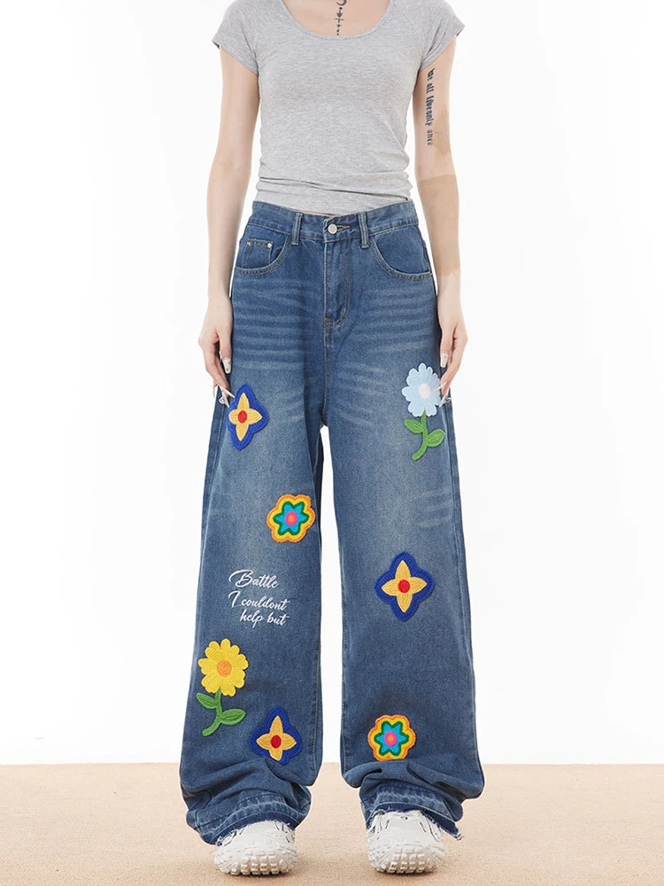 

plus Size Women's Vintage American Denim Pants High Waist Loose Fit Straight Leg Casual Floor Length Trousers