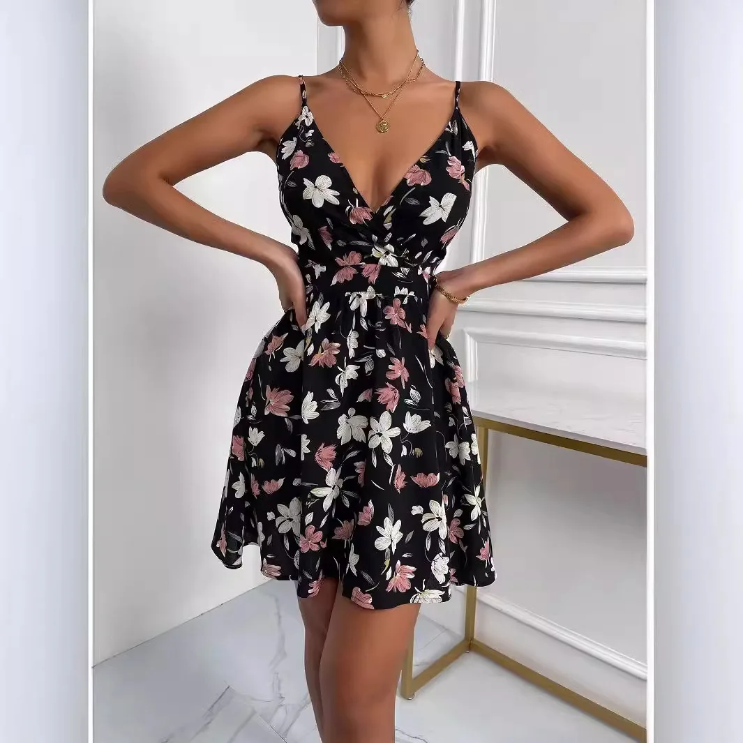 2025 Moda profondo scollo a V stampato floreale cinturino abito estivo per il tempo libero vacanza stile abito corto gonna temperamento per le donne