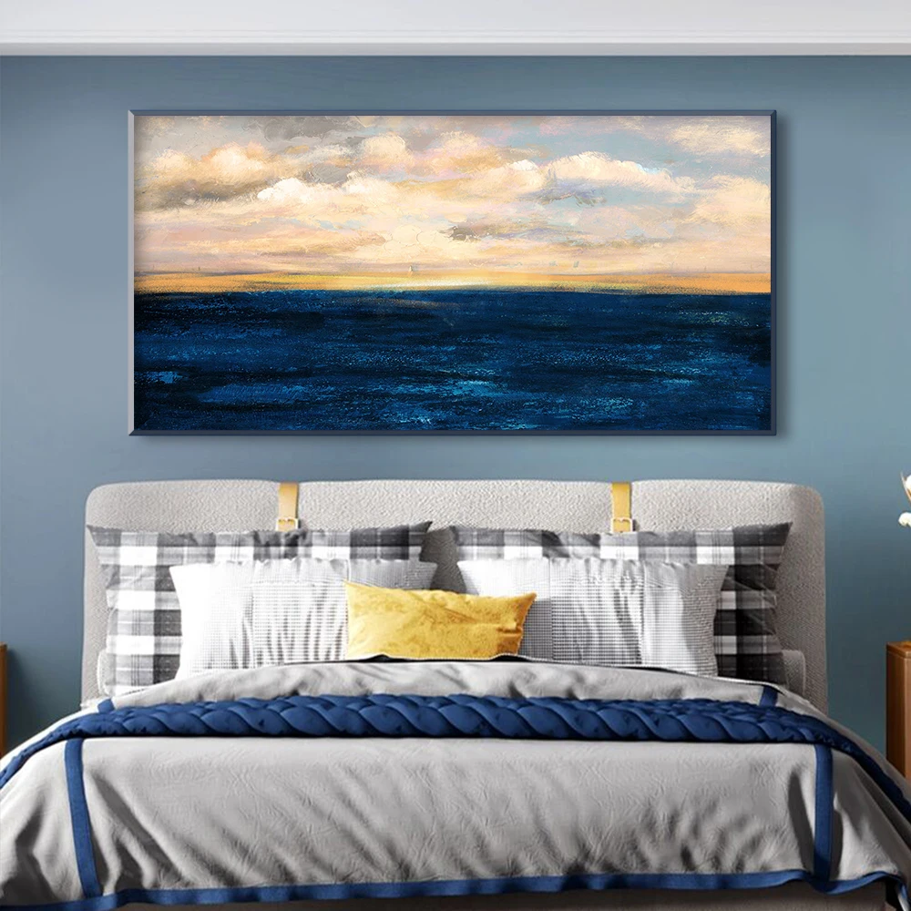 

Luxury Oil Painting Dark Blue Sea and Golden Sky Pictures Poster and Prints Modern Home Decoration Wall Art for Living Bedroom