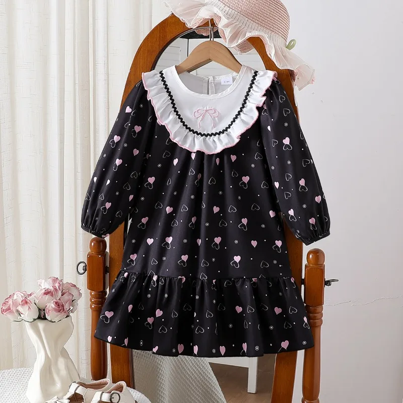 

2026 Spring Autumn Girls Sweet Princess Dress Children's Love Heart Clothing Dress Baby Long Sleeve Skirt Kids Costume